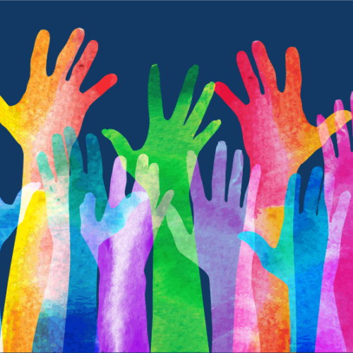 A graphic of many multi-colored raised hands on a dark-blue background.