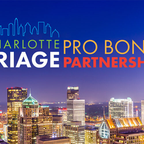 A photo of the Charlotte skyline at night with "Charlotte Triage Pro Bono Partnership" in the center.